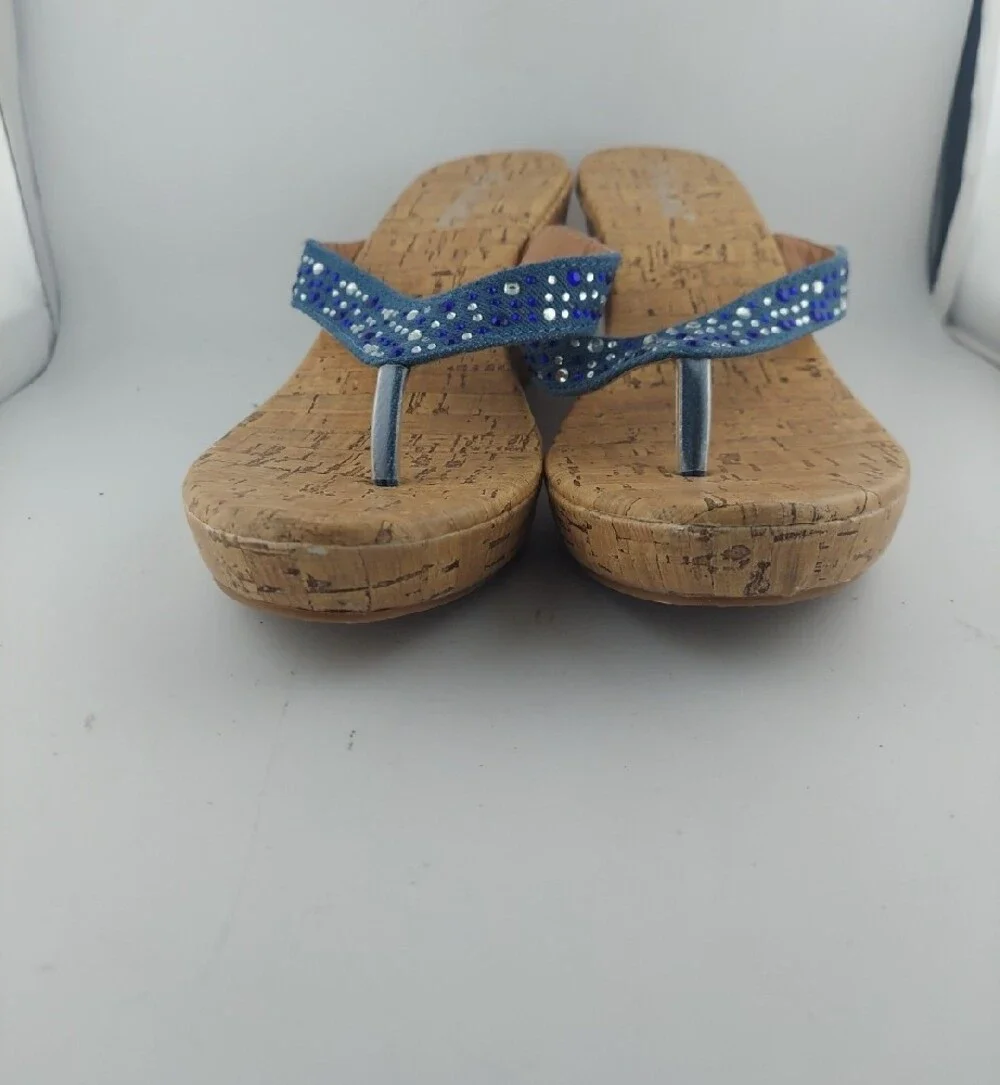 Ashley Blue Embellished Cork Wedge Flip Flops - Women Size 9
